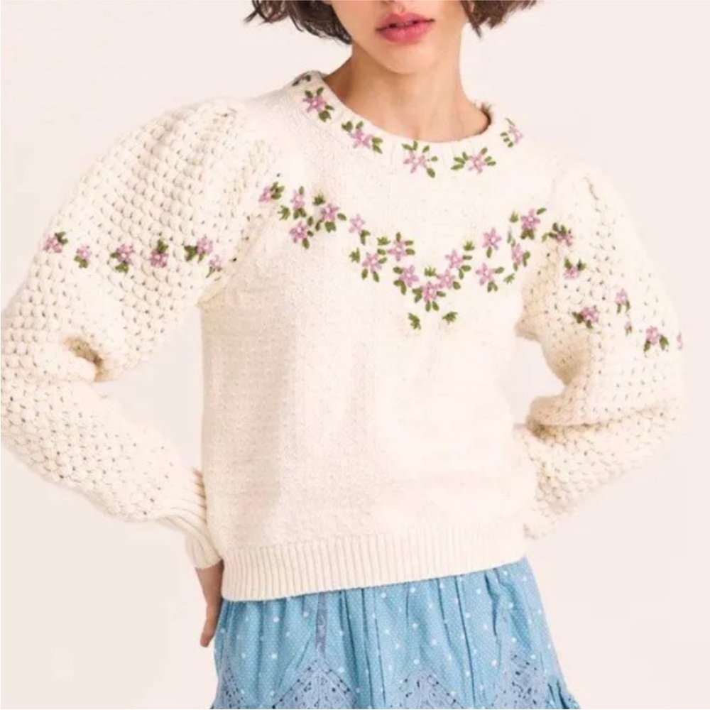 NWOT LoveShackFancy Kenzly Ivory Floral Pullover Sweater in size S